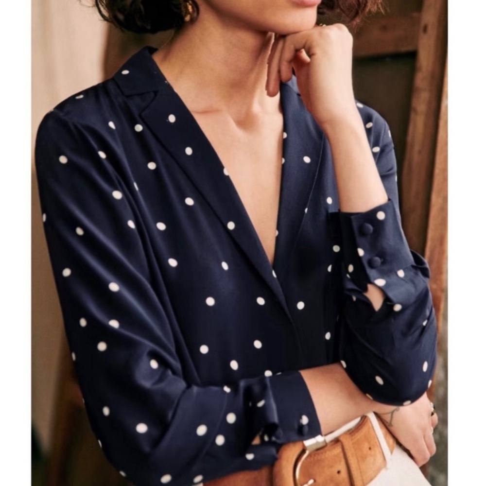 Sezane Navy Polka Dot V-Neck Blouse